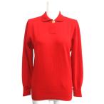 シャネル CHANEL ヴィンテージ ピュアカシミヤ ニットポロ ココマーク 刺繍 長袖 クローバー 金ボタン スコットランド製 0 赤 ■MNK4