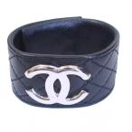 シャネル CHANEL 97A ヴィンテージ レザーバングル マトラッセ ココマーク ロゴ 黒 ブラック シルバーカラー ■MNK4