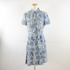 トリーバーチ TORY BURCH ひざ丈シャツワンピース プリーツ 半袖 総柄 青 白 2 *A337 ☆AA★ レディース