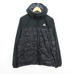  Adidas джемпер блузон Wind брейкер длинный рукав капот Zip выше общий рисунок Logo обратная сторона ворсистый L черный спорт одежда *EKM мужской 