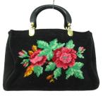 フェイラー FEILER 極美品 花がら ハンドバッグ シュニール織 刺しゅう 黒 ブラック