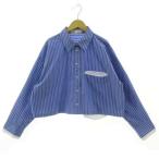 ザラ ZARA クロップドシャツ 胸ポケ 長袖 ワイドシルエット コットン混 ストライプ ブルー系 青系 ホワイト 白 L レディース