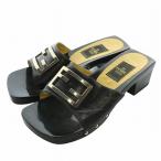 FENDI マンマ ミュール サンダル エナメル レザー スクエアトゥ チャンキーヒール スタッズ ロゴ シルバー金具 36 23cm 黒