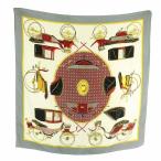 エルメス HERMES カレ90 折りたたみ式幌馬車 スカーフ 絹 シルク 総柄 ロゴ グレー 赤 レッド /XZ ■OH ■GY19 レディース