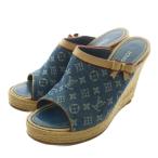 ショッピングウェッジソール LOUIS VUITTON サンダル デニム キャンバス エスパドリーユ ウェッジソール モノグラム リボン 38 24.5cm インディゴ ベージュ