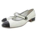 ショッピングシャネル シャネル CHANEL メリージェーン パンプス ローヒール ストラップ バイカラー ココマーク レザー 37.5 黒 ブラック 白 ホワイト