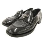 プラダ PRADA チョコレート ローファー ブラッシュドレザー トライアングル 三角 ロゴ プレート 37.5 黒 ブラック レディース