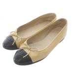 シャネル CHANEL フラットパンプス バレエシューズ レザー ココマーク リボン バイカラー 38.5 24.5cm ベージュ 黒 ブラック AO2819