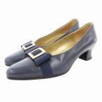 イヴサンローラン YVES SAINT LAURENT パンプス チャンキーヒール ポインテッドトゥ リボン ロゴ レザー 36.5 紺 ネイビー