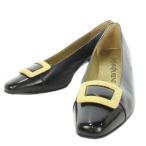 イヴサンローラン YVES SAINT LAURENT パンプス スクエアトゥ ローヒール チャンキーヒール レザー ゴールドモチーフ 36 23cm 黒