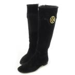トリーバーチ TORY BURCH ロングブーツ スエード ローヒール ラウンドトゥ ロゴ ゴールド金具 6.5 M 23.5cm 黒 ブラック /CK15