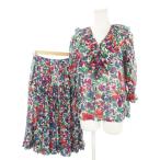 イヴサンローラン YVES SAINT LAURENT ヴィンテージ セットアップ 上下 七分袖 ブラウス ロング スカート フリル 花柄 総柄 M S 青