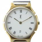 ショッピングイヴサンローラン イヴサンローラン YVES SAINT LAURENT 腕時計 ウォッチ クォーツ ロゴ 白文字盤 カレンダー付き ローマン ゴールド色 シルバー色 304922 ■