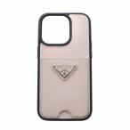 プラダ PRADA スマホケース カバー iPhone15pro レザー ロゴプレート ピンク 黒 ブラック ■GY18 /MQ ■OH レディース