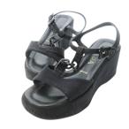 ショッピングウェッジソール プラダ PRADA ストラップサンダル ウェッジソール ファブリック レザー 革 ロゴ刻印 35.5 22.5cm 黒 ブラック /CK20 ■GY18 レディース