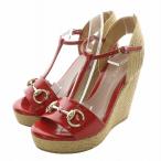 ショッピングウェッジソール GUCCI サンダル レザー エスパドリーユ オープントゥ ウェッジソール ストラップ ホースビット 34 21cm 赤 ベージュ 388354