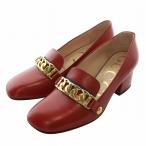 グッチ GUCCI シルヴィ パンプス レザー スクエアトゥ チャンキーヒール チェーン ゴールド金具 34 21cm 赤 レッド 537539