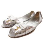 ショッピングMIUMIU ミュウミュウ miumiu フラットシューズ パンプス 36 23cm オープントゥ リボン クラックレザー シルバーカラー /AE ■GY18 レディース