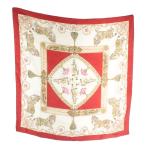 セリーヌ CELINE スカーフ 絹 シルク 大判 馬 タッセル ロゴ 総柄 白 ホワイト 赤 レッド /XZ ■GY18 レディース