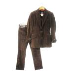 DOLCE&GABBANA シングルスーツ コーデュロイ 3ピース テーラードジャケット ベスト ジレ スラックス 切替異素材 レザー 革 44 S 茶