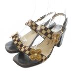 ショッピングダミエ LOUIS VUITTON ダミエ サンダル レザー ハラコ オープントゥ チャンキーヒール ストラップ フラワーモチーフ 35.5 22.5cm-23cm 茶色