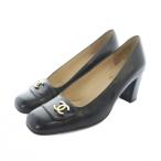ショッピングシャネル シャネル CHANEL パンプス チャンキーヒール スクエアトゥ レザー ロゴ 38 24.5cm 黒 ブラック ■GY18 /MQ ■OH レディース