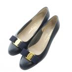 サルヴァトーレフェラガモ Salvatore Ferragamo パンプス レザー 本革 6C 23.5cm 紺 ネイビー ヴァラリボン チャンキーヒール