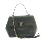 サルヴァトーレフェラガモ キャリー ヴァラ リボン 2WAYバッグ ハンド ショルダー チェーンストラップ ロゴ レザー 黒 ブラック /SS