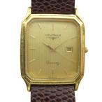 ロンジン LONGINES ジャンク品 腕時計 クォーツ ウォッチ カレンダー付き デイト レザーベルト ゴールド色 ■GY18 /MQ メンズ