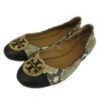 TORY BURCH minnie колпак tu балетки плоская обувь кожа узор под питона Logo Gold металлические принадлежности 7.5 24.5cm бежевый чёрный 