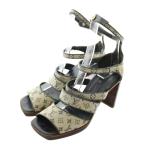 ルイヴィトン LOUIS VUITTON モノグラム ミニ ストラップ ウッドヒール サンダル キャンバス スクエアトゥ 総柄 37 23.5cm 紺