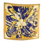 エルメス HERMES カレ90 Soleil de Soie シルクの太陽 スカーフ 大判 絹 シルク 総柄 ロゴ ベージュ 青 ブルー /XZ ■OH レディース