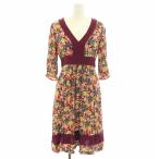 キャスキッドソン Cath Kidston ティードレス Tea Dress ワンピース ひざ丈 Vネック 七分袖 花柄 8 XS 赤 レッド ボルドー レディース