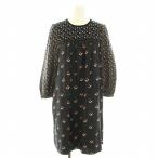 マークジェイコブス MARC JACOBS ワンピース ひざ丈 ラウンドネック 長袖 花柄 絹 シルク 00 XXS 黒 ブラック 赤 レッド /YT レディース