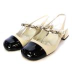 ミュウミュウ miumiu レザー スリングバックパンプス チャンキーヒール チェーン パール ストラップ 35.5 22.5cm アイボリー 黒 ブラック /