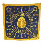 エルメス HERMES LES CLES カレ90 スカーフ シルク 総柄 ネイビー 紺色 イエロー 黄色 /MI ■OS ■OH レディース