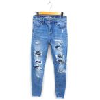 アメリカンイーグル AMERICAN EAGLE ダメージ ジーンズ デニム スリム フリンジ ストレッチ ジップフライ 0 青 ブルー /NT14 レディース