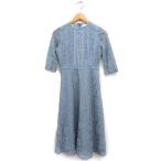 LACE LADIES レース フレア ワンピース 7分袖 ロング フォーマルドレス S グレー 灰 /FT31 レディース