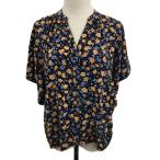 グローバルワーク GLOBAL WORK ブラウス カットソー キーネック 花柄 総柄 ギャザー 半袖 M 黒 オレンジ ブラック レディース