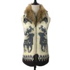 アントゲージ ベスト ジレ ニット ショールカラー ジップアップ ファー 毛皮 ウール 総柄 カウチン F 白 グレー ホワイト レディース