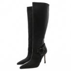 マノロブラニク MANOLO BLAHNIK ロングブーツ ピンヒール ポインテッドトゥ レザー 本革 サイドジップ 38 黒 ブラック /GV ■GY62