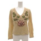 ミュウミュウ miumiu カットソー Vネック 切替 刺繍 長袖 M ベージュ /FF ■GY62 レディース