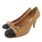 ショッピングシャネル シャネル CHANEL ココマーク チェーン パンプス ラウンドトゥ バイカラー 37,5 茶 ブラウン 黒 ブラック /FF ■GY62 レディース