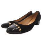 サルヴァトーレフェラガモ Salvatore Ferragamo ヴァラ パンプス ラウンドトゥ チャンキーヒール スエード 6.5 黒 ブラック /FF ■GY62 レ