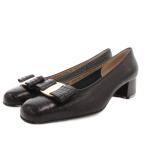 サルヴァトーレフェラガモ Salvatore Ferragamo ヴァラ リボン パンプス クロコ型押し レザー チャンキーヒール 5 黒 ブラック