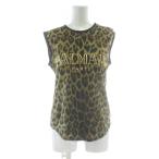 バルマン BALMAIN タンクトップ ノースリーブ クルーネック ヒョウ柄 レオパード ロゴ プリント 金ボタン 36 黒 ブラック 茶色