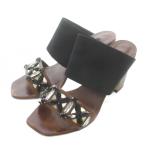 ルイヴィトン LOUIS VUITTON サンダル スエード ウッド オープントゥ チャンキーヒール ビジュー 38 24.5cm 茶色 ブラウン 黒 ブラック /XZ