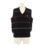 キャッシング CASHING ゴルフウェア ニットベスト プルオーバー Vネック ボーダー柄 ウール混 M 黒 ブラック /BB ■GY58 レディース