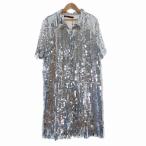 ショッピングzara 未使用品 ザラウーマン ZARA WOMAN スパンコール シャツワンピース スキッパー 半袖 ミニ L 銀 シルバー /T2 レディース