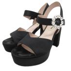 ミュウミュウ miumiu 美品 ストラップサンダル ウェッジソール ハイヒール 厚底 プラットフォーム ビジュー 36 23cm 黒 ブラック